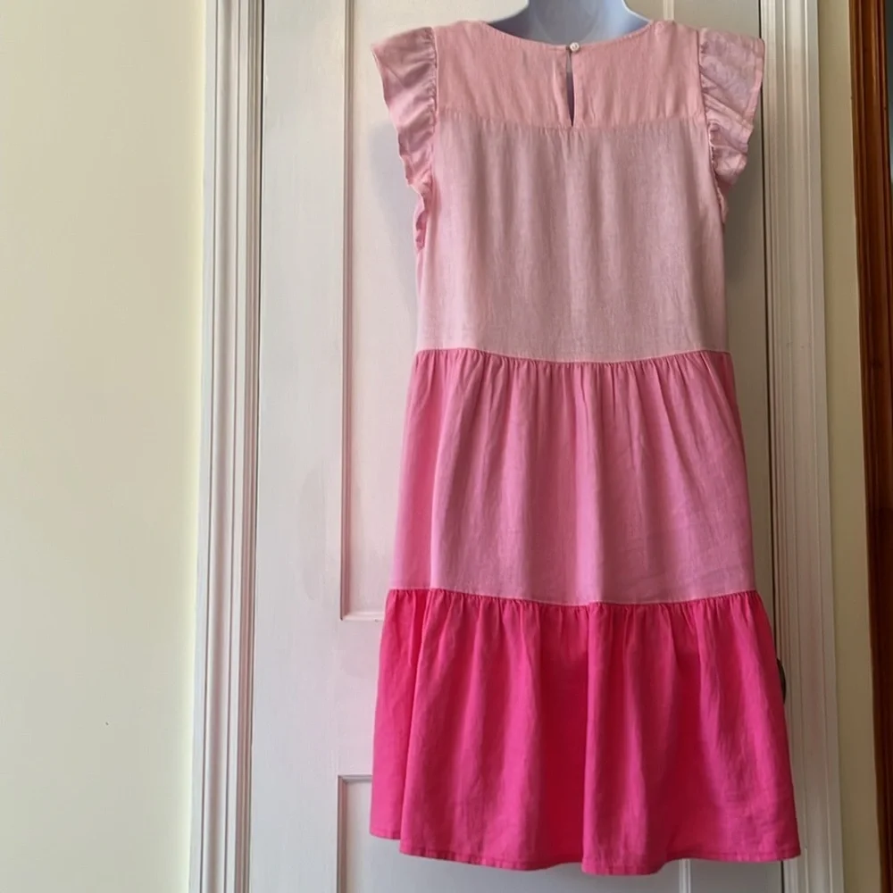 J. Crew Linen Dress Pink Tiered Ruffle Sleeveless Womens 4 Pockets Flowy Cottage